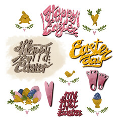 Congratulations, lettering, inscription Happy Easter. Stickers. For postcards, book, banner. Happy Easter, Easter day, rabbits, chickens - 515581487