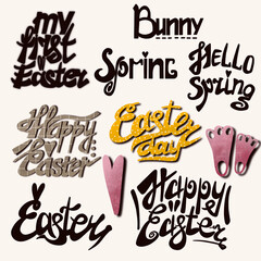 Congratulations, lettering, inscription Happy Easter. Stickers. For postcards, book, banner. Happy Easter, Easter day, rabbits, chickens - 515581488
