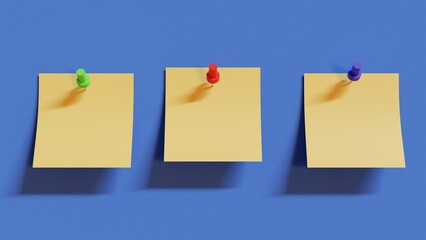 Draw pins and note papers 3d illustration.