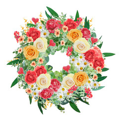 Wedding wreath with colorful  roses and spring herbs. Isolated on white background.  Summer flowers.