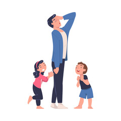 Fototapeta premium Tired Man Dad Exhausted with Noisy and Energetic Kids Playing Around Vector Illustration