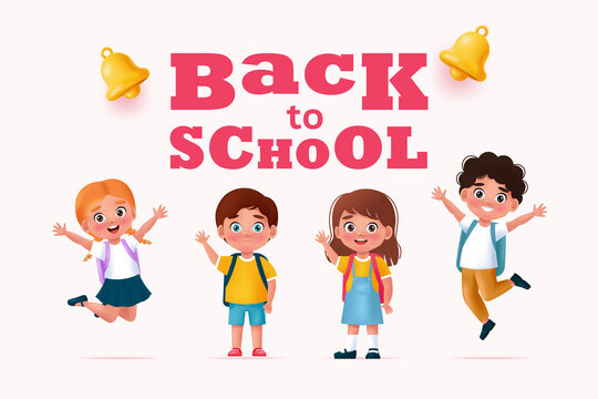 Back to school concept banner, happy school children. Vector illustration in cartoon 3D style