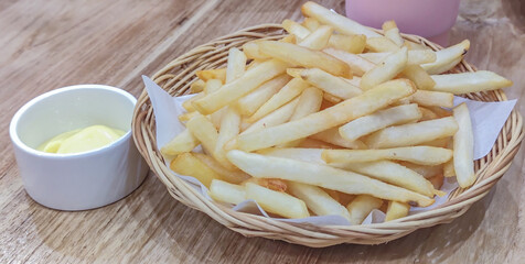 Close up photo of French Fries and Mayonnaise