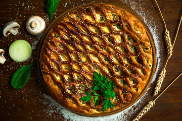 Appetizing savory pie with chicken, onions, egg and mushrooms.