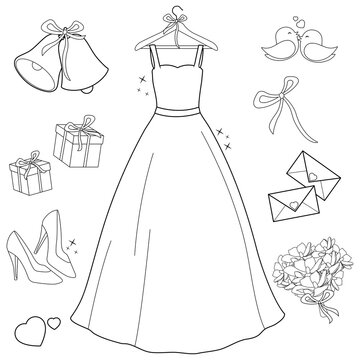 Beautiful wedding dress. Vector black and white coloring page