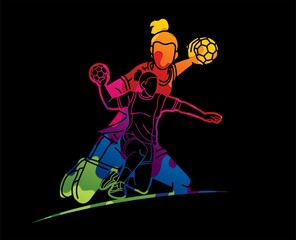 Group of Handball Female Players Sport Team Action Cartoon Graphic Vector