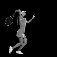 Female professional tennis player in action isolated on black background