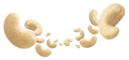 Flying cashew nuts, isolated on white background
