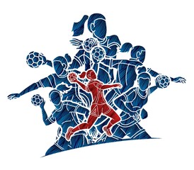 Obraz premium Group of Handball Female Players Sport Team Action Cartoon Graphic Vector