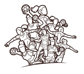 Group of Handball Female Players Sport Team Action Cartoon Graphic Vector