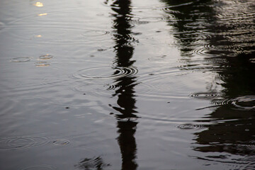 Ripples from rain droplets falling on water surface. cool rain drops on the floor with shade of black shadow
