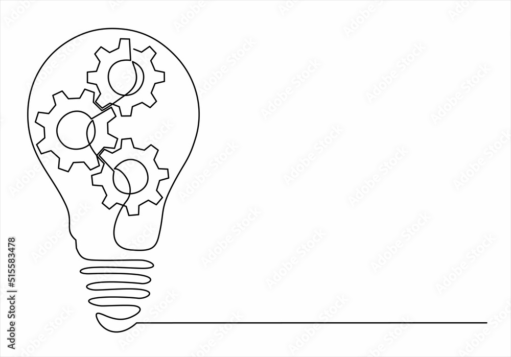 Poster continuous one single line drawing innovation light bulb and gears inside icon vector illustration c