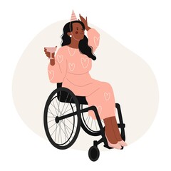 Happy lifestyle of Disabled people concept. Smiling Black Woman with a glass in her hand in a Wheelchair on a white background. Disabled joyful modern female character. Flat vector illustration.