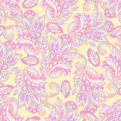 Hand drawn floral paisley seamless vector pattern. Batik style fabric