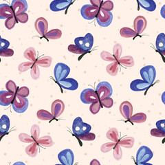 Fototapeta na wymiar Hand Painted Watercolour butterflies seamless pattern for kids, textiles, linens, surface design