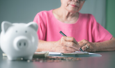 old senior woman sitting down and taking notes on her finances in a notebook.
