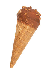 Chocolate glazed icecream cone wafer isolated on the white background