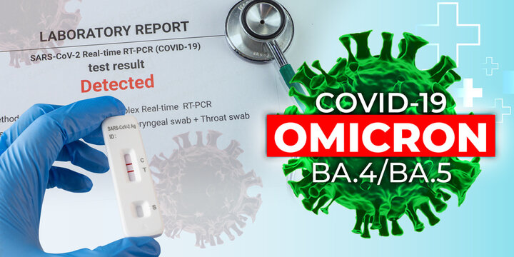 Covid-19 Positive Test Result With SARS CoV-2 Rapid Antigen Test Kit (ATK),Covid 19 Virus,SARS-CoV-2 Coronavirus Variant Omicron BA.4 BA.5.3D Rendering,