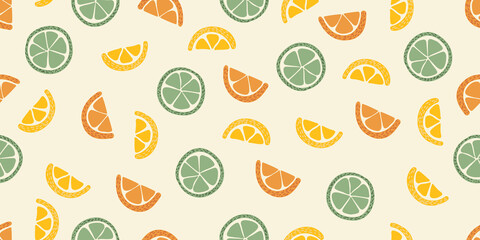 Seamless pattern with citrus fruits. Summer pattern with fruit slices. Flat elements are isolated. Endless background.