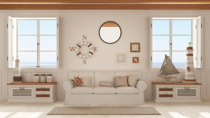 Marine style, living room with sofa and carpet in white tones. Panoramic windows with sea landscape. Parquet and beam ceiling. Nautical interior design