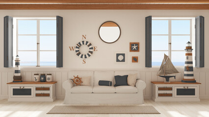 Marine style, living room with sofa and carpet in white and gray tones. Panoramic windows with sea landscape. Parquet and beam ceiling. Nautical interior design