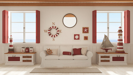 Marine style, living room with sofa and carpet in white and red tones. Panoramic windows with sea landscape. Parquet and beam ceiling. Nautical interior design