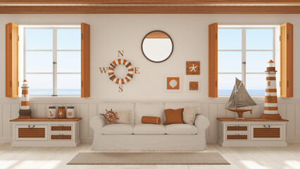 Marine style, living room with sofa and carpet in white and red tones. Panoramic windows with sea landscape. Parquet and beam ceiling. Nautical interior design