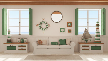 Marine style, living room with sofa and carpet in white and green tones. Panoramic windows with sea landscape. Parquet and beam ceiling. Nautical interior design