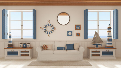 Marine style, living room with sofa and carpet in white and blue tones. Panoramic windows with sea landscape. Parquet and beam ceiling. Nautical interior design