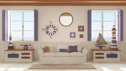 Marine style, living room with sofa and carpet in white and purple tones. Panoramic windows with sea landscape. Parquet and beam ceiling. Nautical interior design
