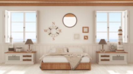 Fototapeta na wymiar Blurred background, bedroom with wooden bed and chest of drawers. Panoramic windows with sea landscape. Parquet and beam ceiling. Nautical interior design