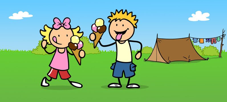 Zwei Kinder beim Eis essen auf Campingplatz vor Zelt