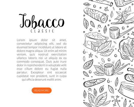 Tobacco Design with Sketchy Drawn Leaf, Cigar and Smoking Pipe Vector Template