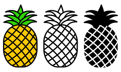 Pineapple icon color, outline and silhouette set. Ananas vector illustration isolated on white background.