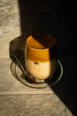 Coffee with ice. Dalgona coffee. Creamy coffee with ice and almond milk. Ideal drink for summer
