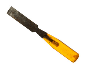 Old used and rusted wood chisel with a translucent handle on a white background.