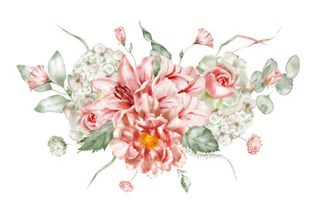 Watercolor floral arrangement. Tulip, peony, rose, lily, hydrangea, collection garden pink flowers, green leaves, branches, Botanic illustration isolated on white background for wedding design.