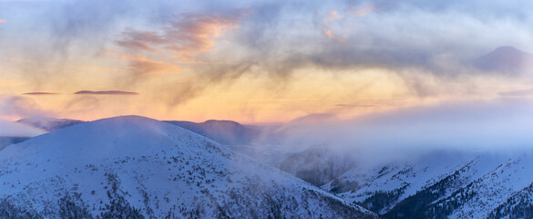 Fantastic evening winter landscape. Colorful overcast sky. Slovakia, Europe. Beauty world.