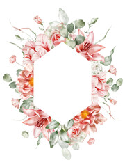 Watercolor floral frame. Tulip, peony, rose, lily, hydrangea, collection garden pink flowers, green leaves, branches, Botanic illustration isolated on white background for wedding design.