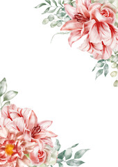 Naklejka premium Watercolor floral frame. Tulip, peony, rose, lily, hydrangea, collection garden pink flowers, green leaves, branches, Botanic illustration isolated on white background for wedding design.