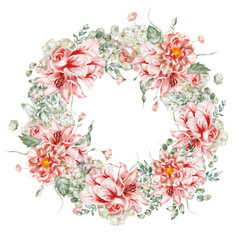 Obraz premium Watercolor floral wreath. Tulip, peony, rose, lily, hydrangea, collection garden pink flowers, green leaves, branches, Botanic illustration isolated on white background for wedding design.
