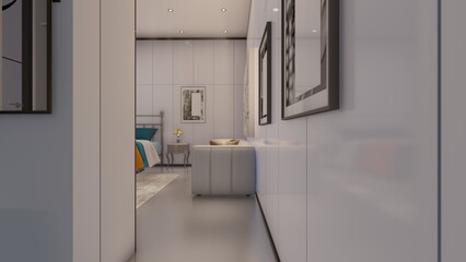 Bedroom interior design corridor with picture mock up 3d illustration