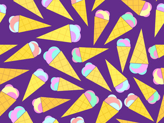 Obraz premium Ice cream cone seamless pattern. Ice cream in a wafer-style cone. Summer background with ice cream in pop art style. Design for banners, promotional products and wrapping paper. Vector illustration