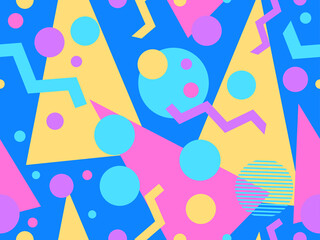 Geometric seamless pattern in 80s memphis style. Colorful background with geometric shapes. Design for promotional products, wrapping paper, brochures and printing. Vector illustration