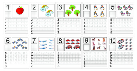 Kids learning material. Worksheet for learning numbers, Connecting dot, exercise for kindergarten and preschool kids illustration, vector