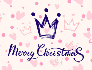 Merry Christmas hand drawn lettering in trendy calligraphic style with texture and elegant crown print as a success symbol for festive designs