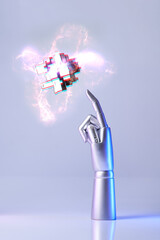 Mechanical robot arm or hand interacts with futuristic digital technologies.