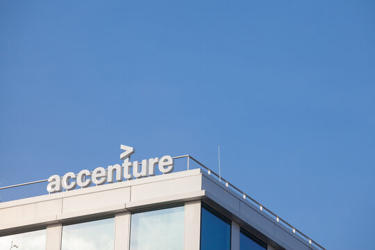PRAGUE, CZECHIA - OCTOBER 31, 2019: Accenture logo in front of their office for Prague. Accenture, is an irish professional services, recruiting, consulting  and auditing firm.