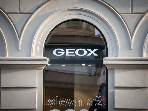 PRAGUE, CZECHIA - OCTOBER 31, 2019: Geox logo in front of their local store in Prague. Geox is an Italian shoe manufacturer specialized in waterproof and breathable shoewear.