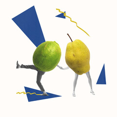 Contemporary art collage with ripe lime and pear fruit on human legs isolated over light background. Healthy eating and care, eco products, vitamins concept.